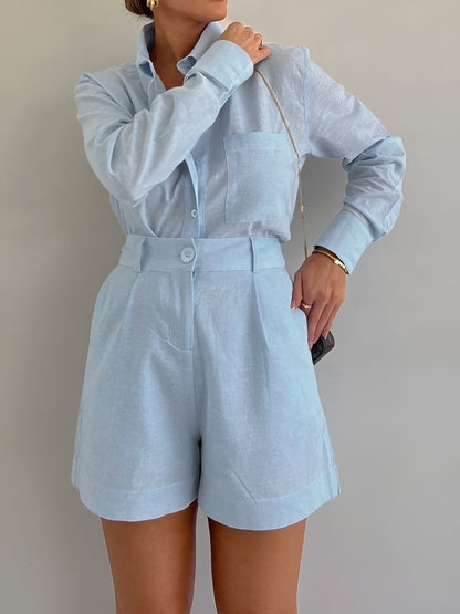 Elegante tuta in lino con colletto per donne – Tuta corta con maniche corte e pantaloni shorts a vita alta