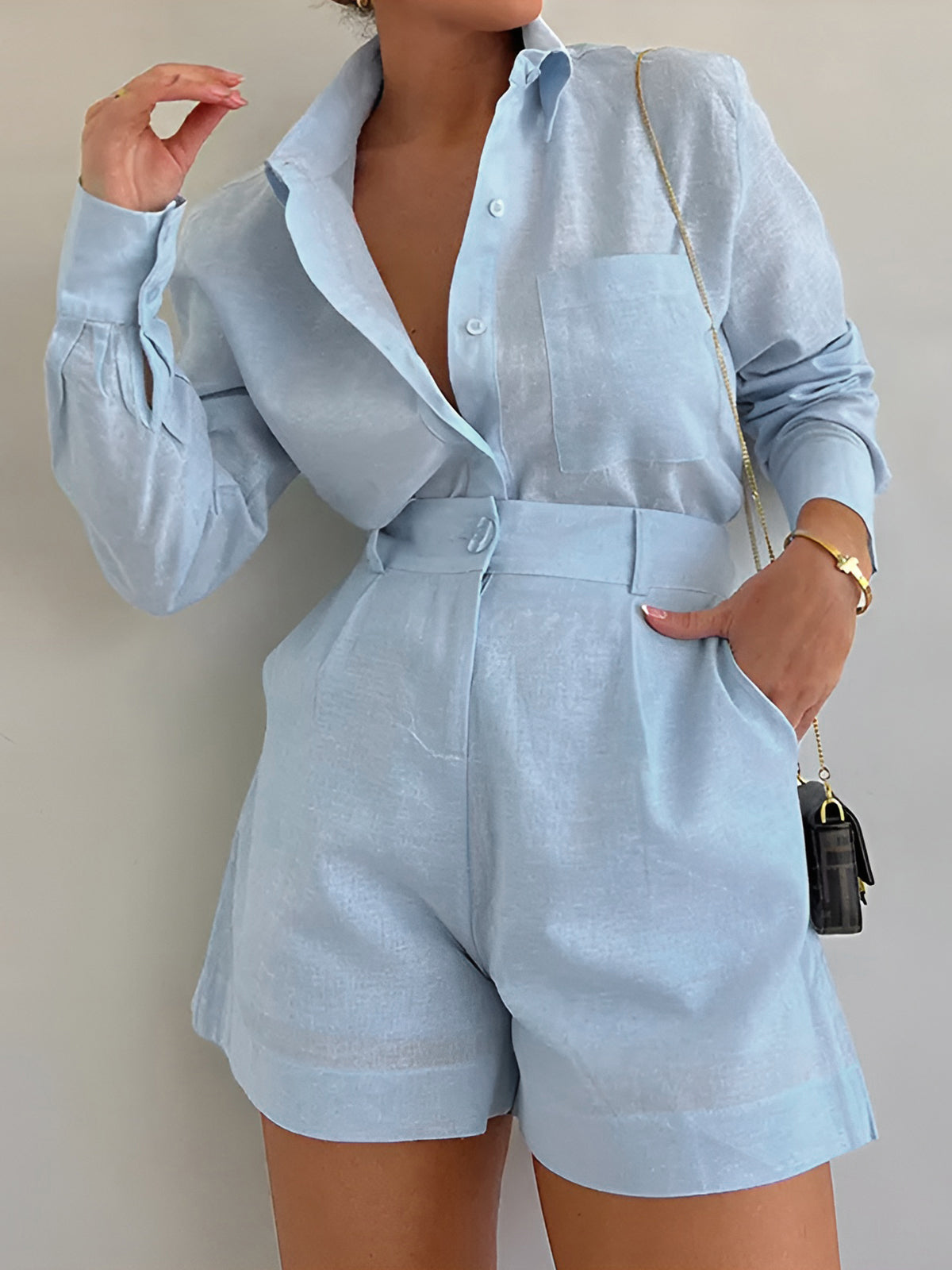 Elegante tuta in lino con colletto per donne – Tuta corta con maniche corte e pantaloni shorts a vita alta