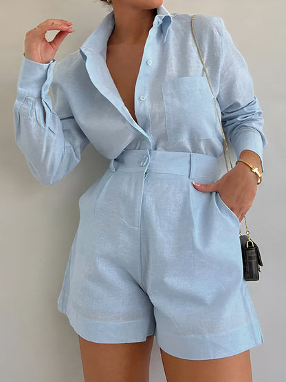 Elegante tuta in lino con colletto per donne – Tuta corta con maniche corte e pantaloni shorts a vita alta