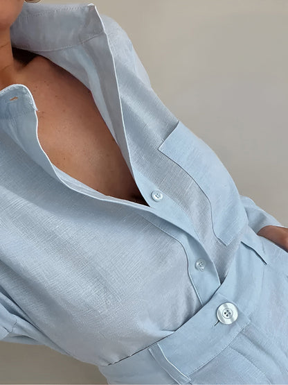 Elegante tuta in lino con colletto per donne – Tuta corta con maniche corte e pantaloni shorts a vita alta