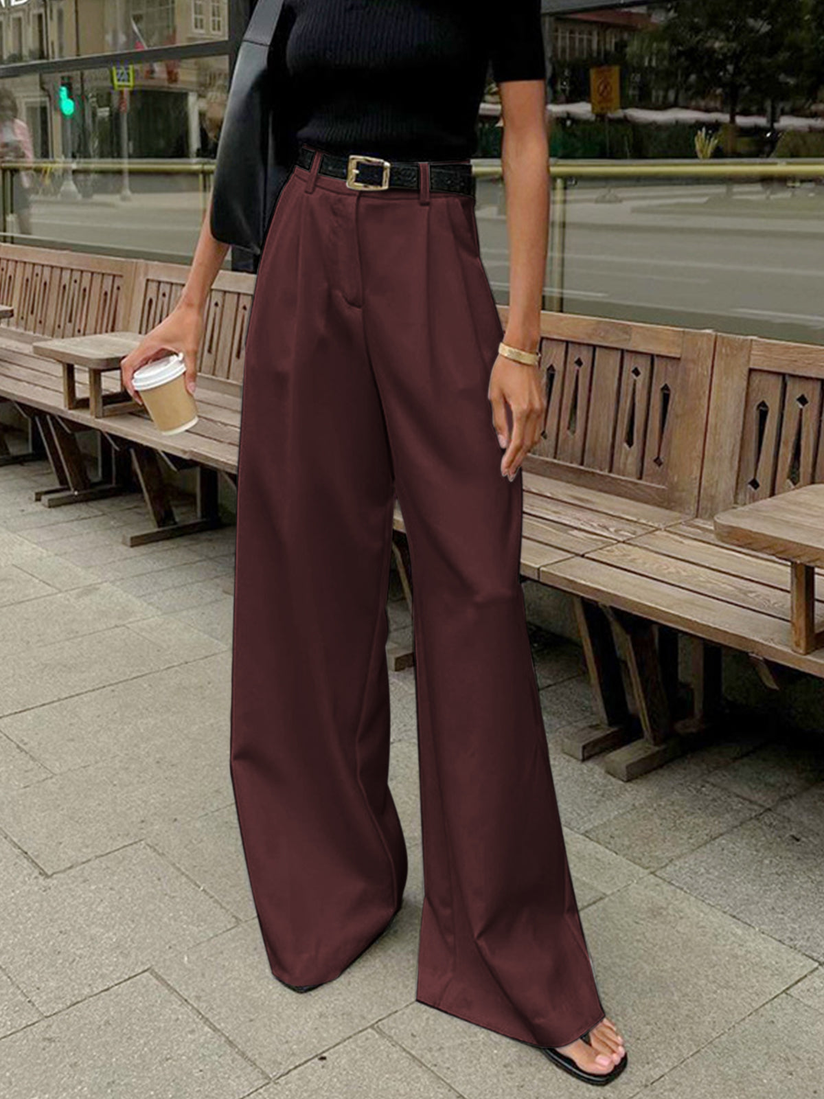 Elegante pantaloni in tessuto a vita alta per donne – Pantaloni larghi con gamba dritta