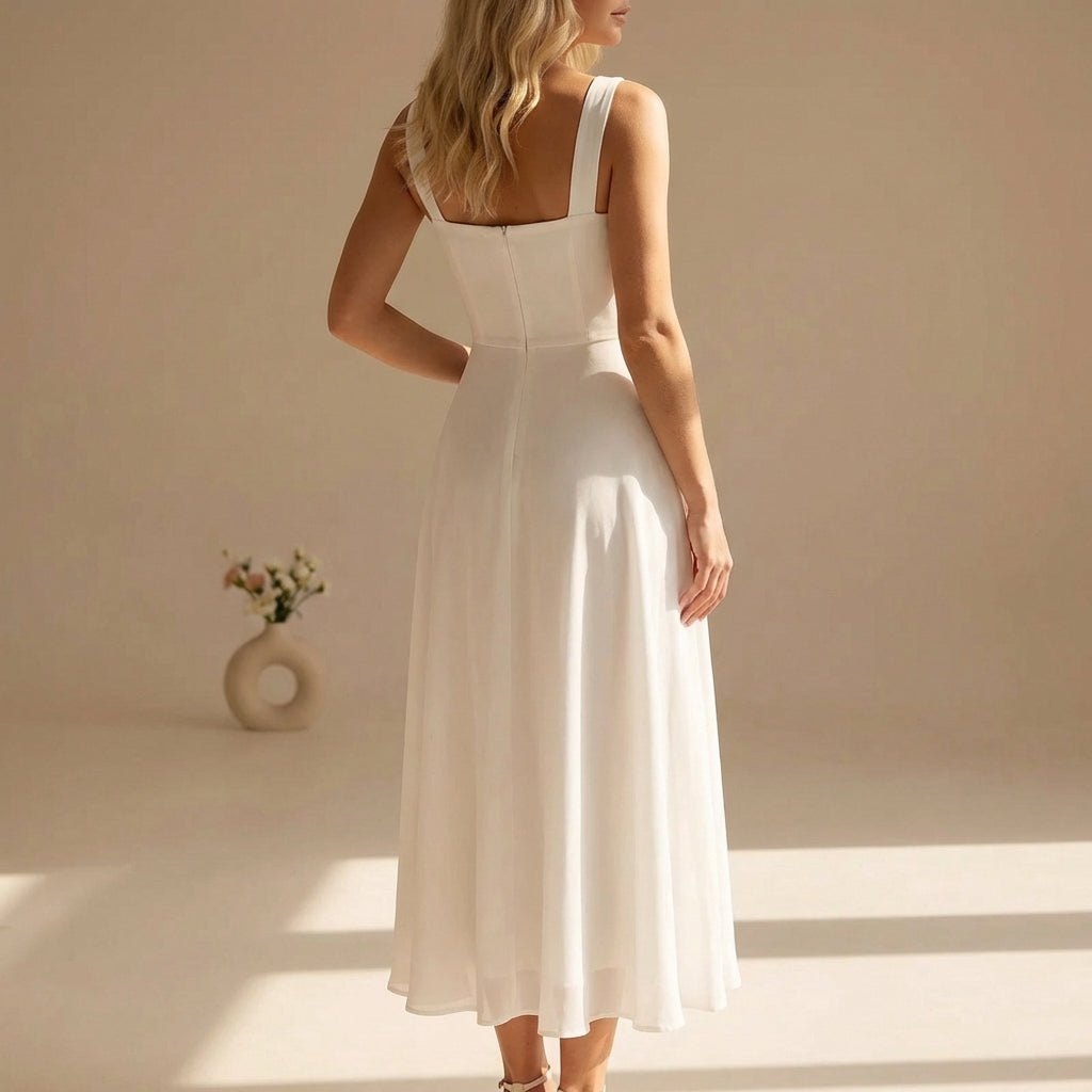 Abito midi elegante da donna con linea A – Abito estivo aderente con gonna fluida