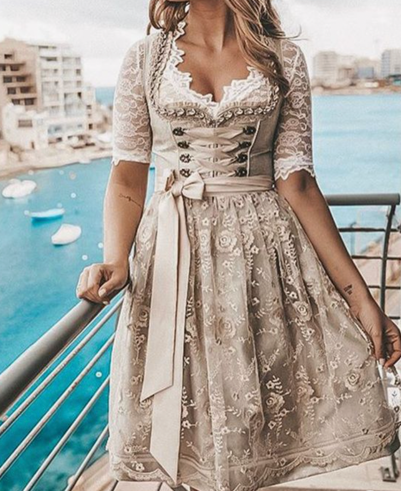 Abito Dirndl Elegante in Pizzo per Donne – Vestito Tradizionale Attillato con Fiocco e Charme Vintage