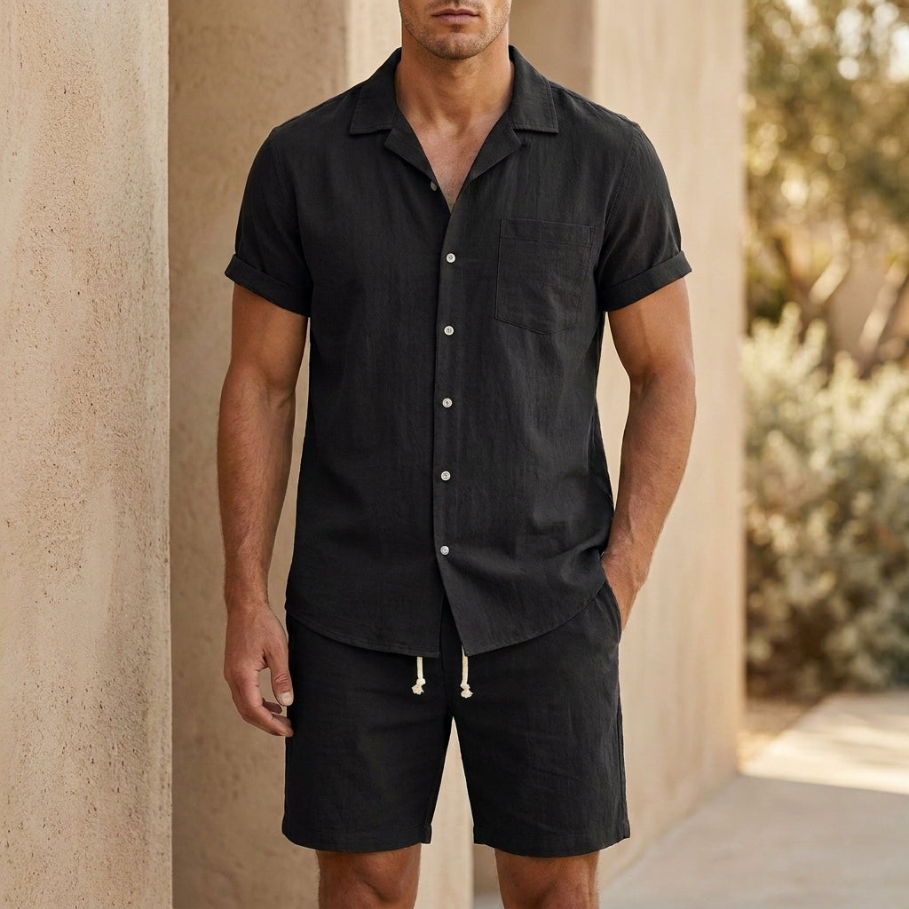 Set in lino casual con camicia a maniche corte e pantaloni corti per uomo – Outfit estivo leggero e traspirante in due pezzi
