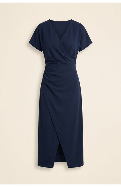Abito avvolgente elegante con scollatura a V per donne – Abito midi aderente con arricciatura in vita e spacco