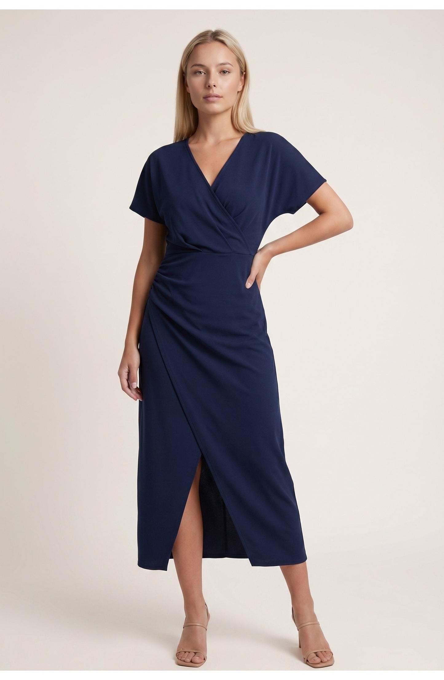 Abito avvolgente elegante con scollatura a V per donne – Abito midi aderente con arricciatura in vita e spacco