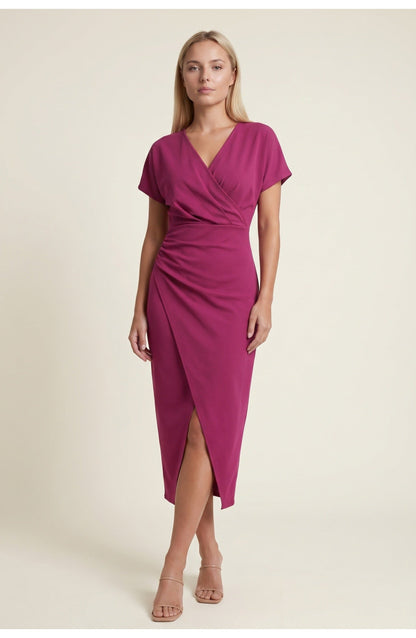 Abito avvolgente elegante con scollatura a V per donne – Abito midi aderente con arricciatura in vita e spacco