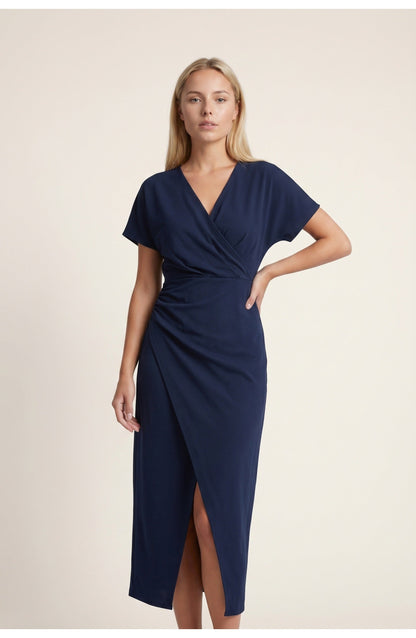 Abito avvolgente elegante con scollatura a V per donne – Abito midi aderente con arricciatura in vita e spacco