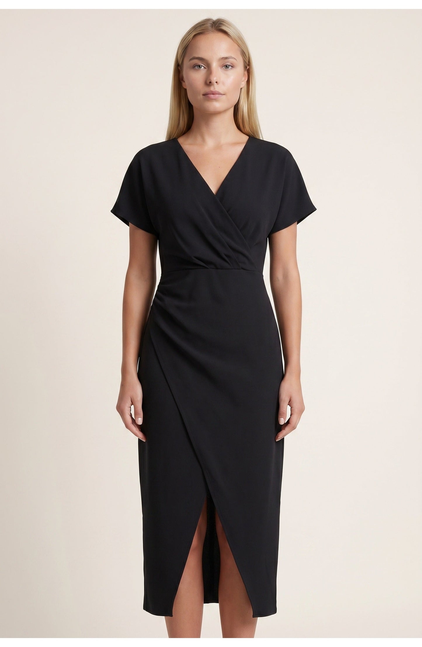 Abito avvolgente elegante con scollatura a V per donne – Abito midi aderente con arricciatura in vita e spacco