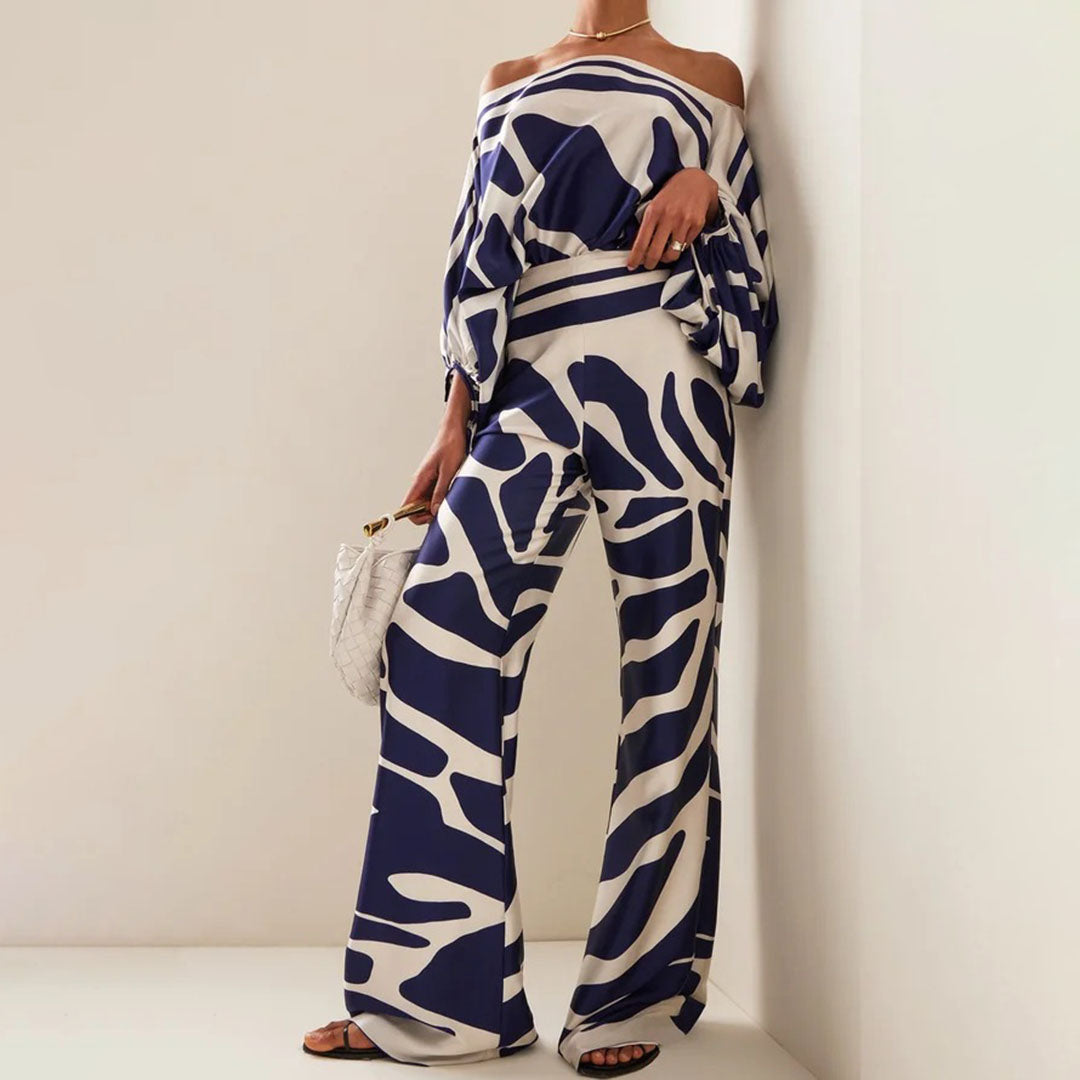 Maëlys - Elegante Completo Due Pezzi per Primavera e Estate con Maniche Ampie e Design Off-Shoulder, Pantaloni Palazzo a Vita Alta e Motivi Lucenti