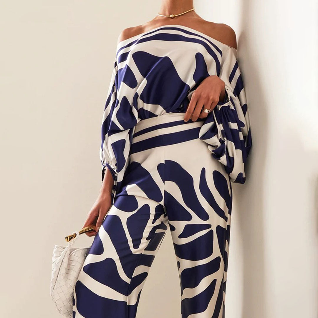 Maëlys - Elegante Completo Due Pezzi per Primavera e Estate con Maniche Ampie e Design Off-Shoulder, Pantaloni Palazzo a Vita Alta e Motivi Lucenti