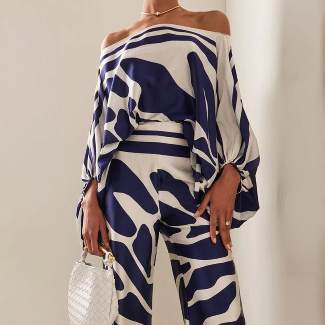 Maëlys - Elegante Completo Due Pezzi per Primavera e Estate con Maniche Ampie e Design Off-Shoulder, Pantaloni Palazzo a Vita Alta e Motivi Lucenti