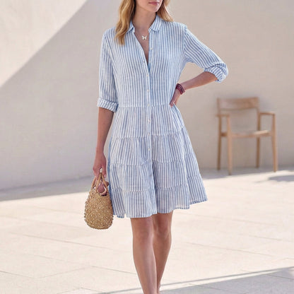 Abito camicia a righe per donne – Abito estivo leggero con bottoni e gonna a volant