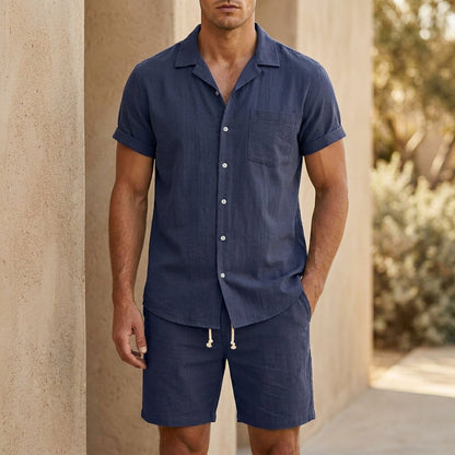 Set in lino casual con camicia a maniche corte e pantaloni corti per uomo – Outfit estivo leggero e traspirante in due pezzi