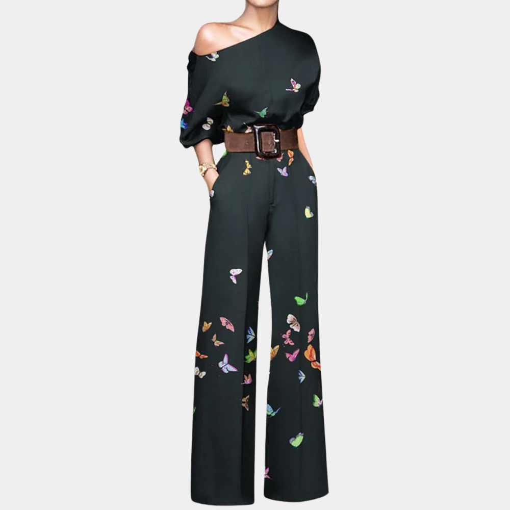 Elowen - Elegante combinazione primaverile con spalline scoperte e motivi di farfalle, fiori e piante, maniche 3/4