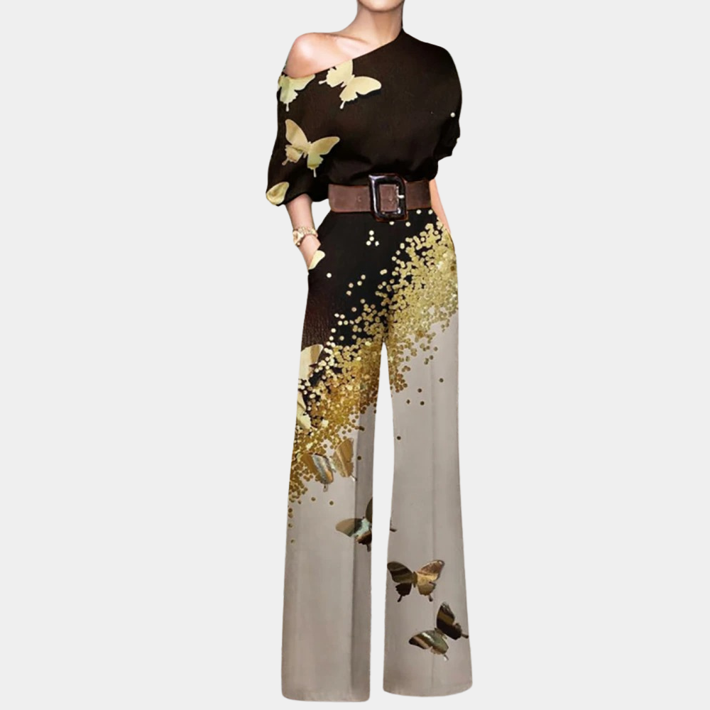 Elowen - Elegante combinazione primaverile con spalline scoperte e motivi di farfalle, fiori e piante, maniche 3/4