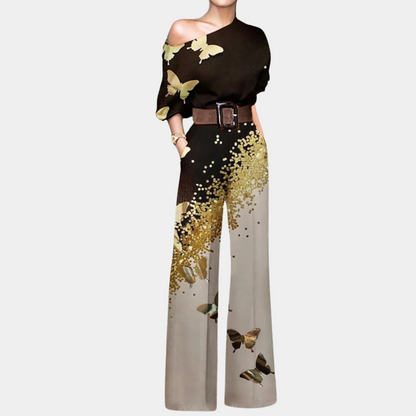 Elowen - Elegante combinazione primaverile con spalline scoperte e motivi di farfalle, fiori e piante, maniche 3/4