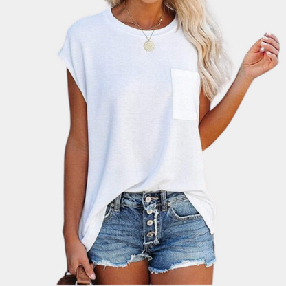 T-shirt estiva casual per donne con vestibilità ampia e taschino sul petto