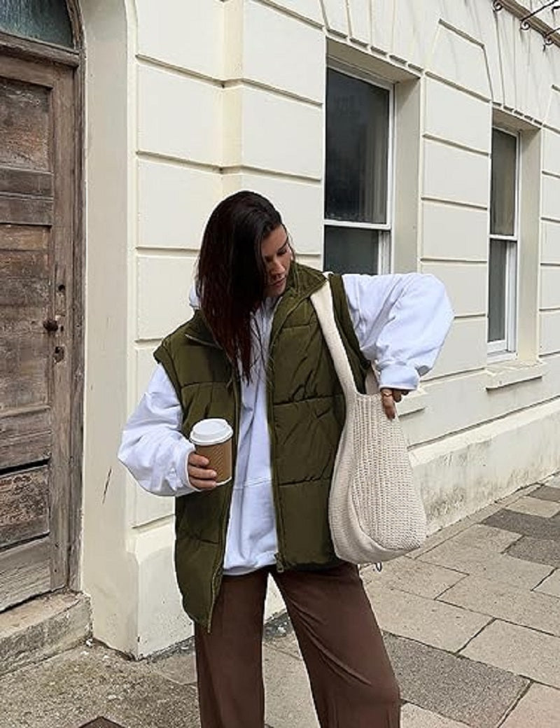 Gilet imbottito oversize con zip e tasche – Gilet invernale caldo e casual per donne