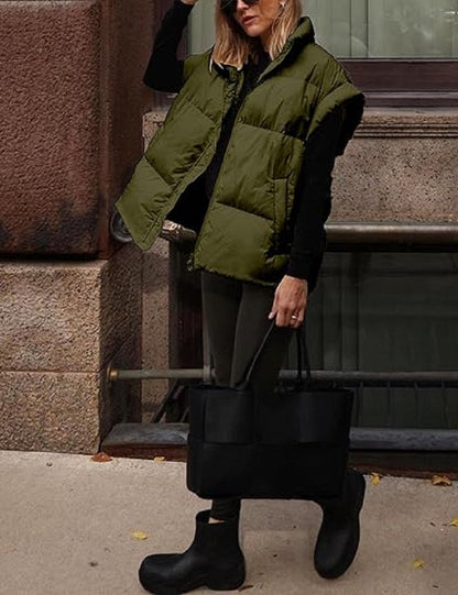 Gilet imbottito oversize con zip e tasche – Gilet invernale caldo e casual per donne