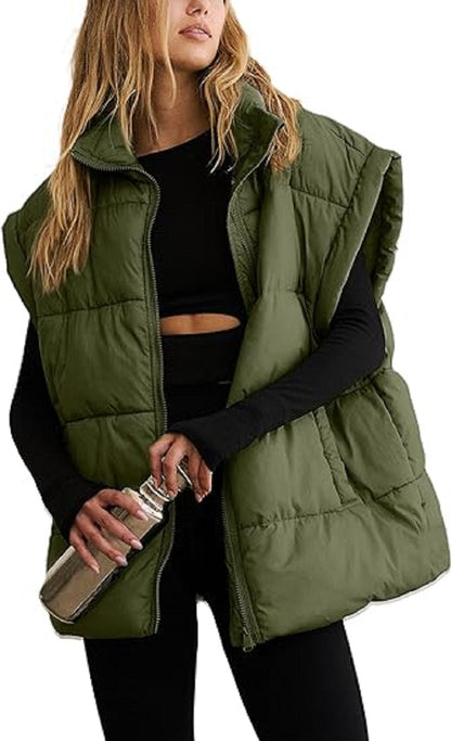Gilet imbottito oversize con zip e tasche – Gilet invernale caldo e casual per donne