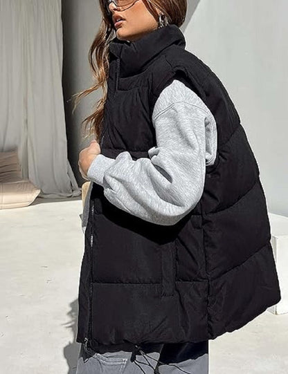 Gilet imbottito oversize con zip e tasche – Gilet invernale caldo e casual per donne