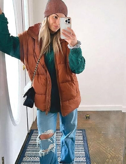 Gilet imbottito oversize con zip e tasche – Gilet invernale caldo e casual per donne