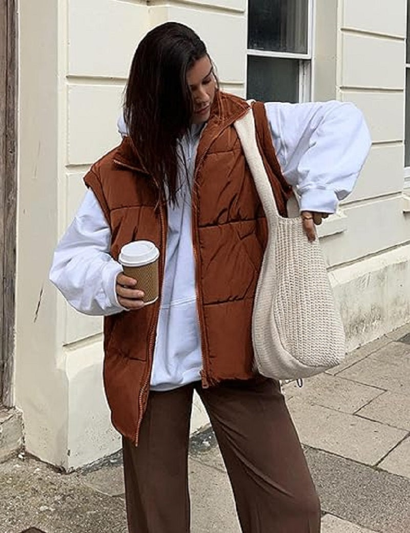 Gilet imbottito oversize con zip e tasche – Gilet invernale caldo e casual per donne