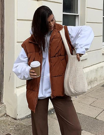 Gilet imbottito oversize con zip e tasche – Gilet invernale caldo e casual per donne