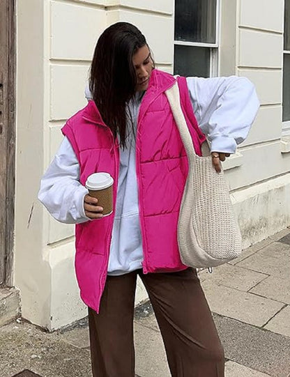 Gilet imbottito oversize con zip e tasche – Gilet invernale caldo e casual per donne