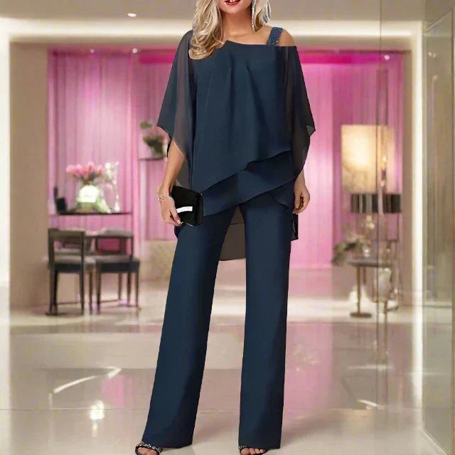 Elegante completo da donna a 2 pezzi con blusa in chiffon e pantaloni larghi – Comodo, Stiloso e Festivo