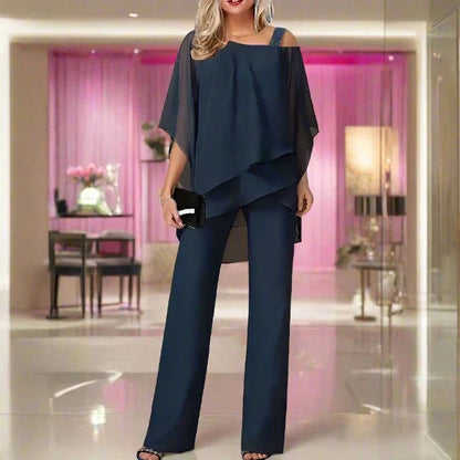 Elegante completo da donna a 2 pezzi con blusa in chiffon e pantaloni larghi – Comodo, Stiloso e Festivo