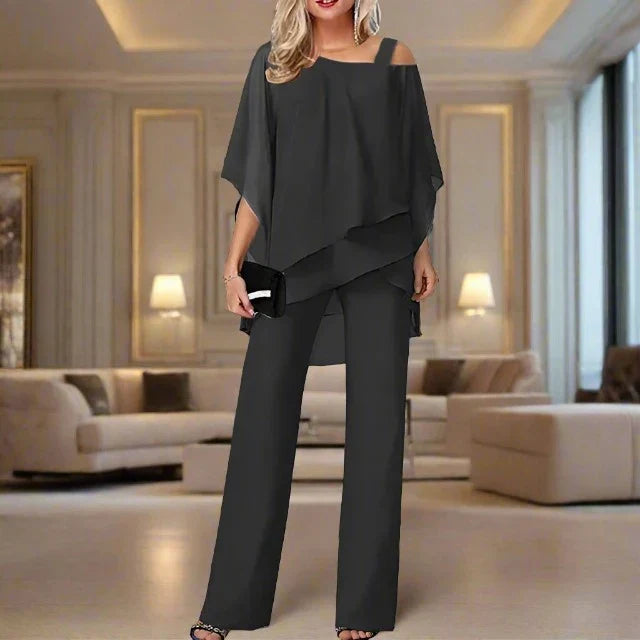 Elegante completo da donna a 2 pezzi con blusa in chiffon e pantaloni larghi – Comodo, Stiloso e Festivo