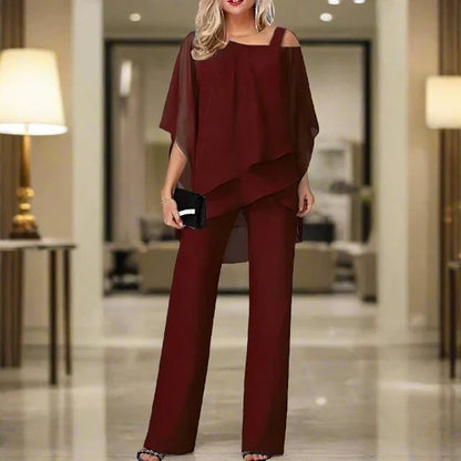 Elegante completo da donna a 2 pezzi con blusa in chiffon e pantaloni larghi – Comodo, Stiloso e Festivo