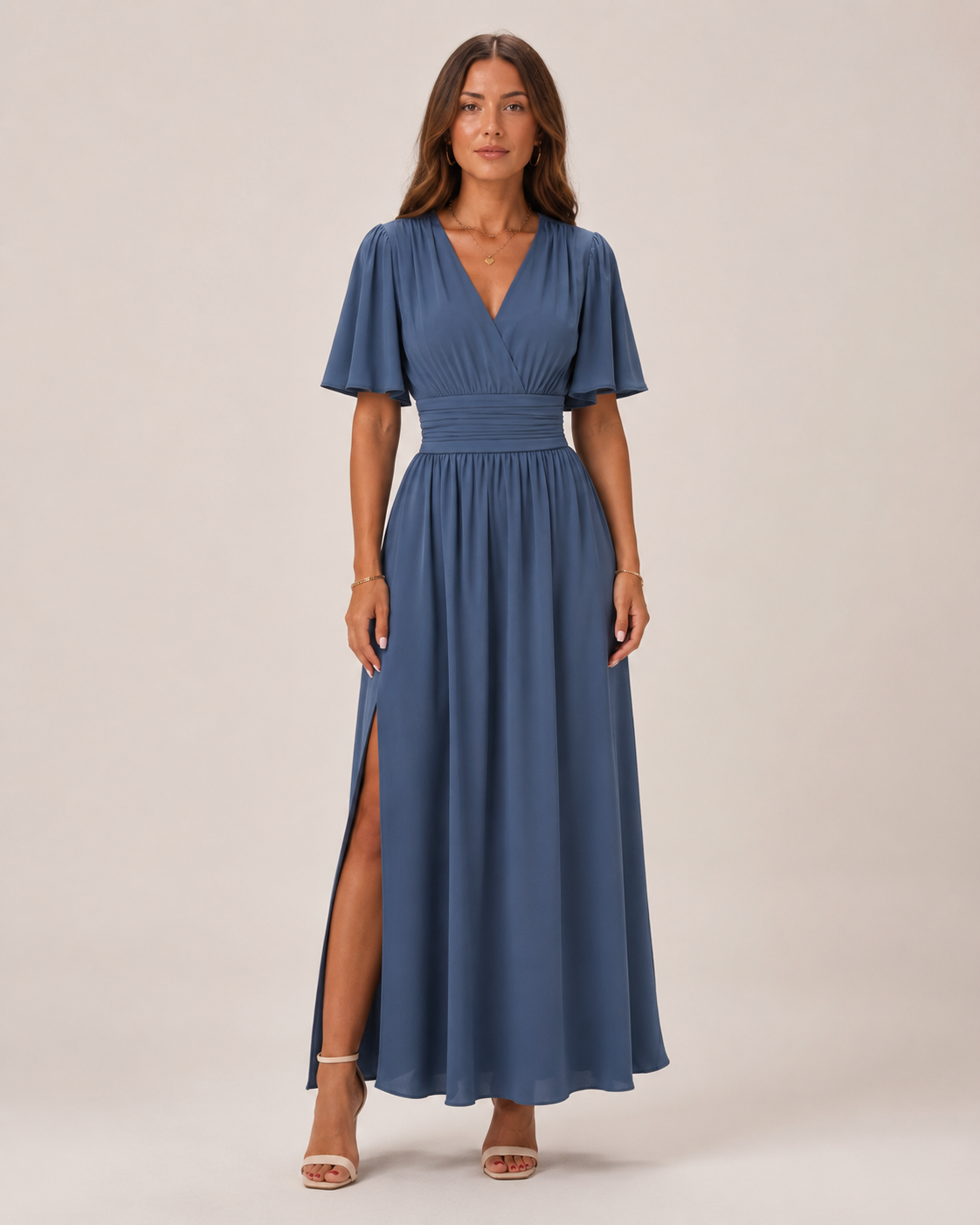 Abito Maxy Elegante con Scollatura a V per Donne – Abito da Sera Fluttuante con Spacco e Sottolineatura della Vita