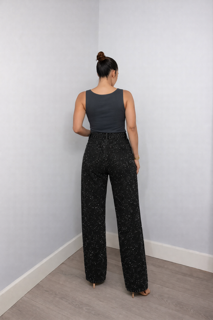 Nérine - Jeans con Paillettes, Vita Alta e Gamba Dritta per Donne