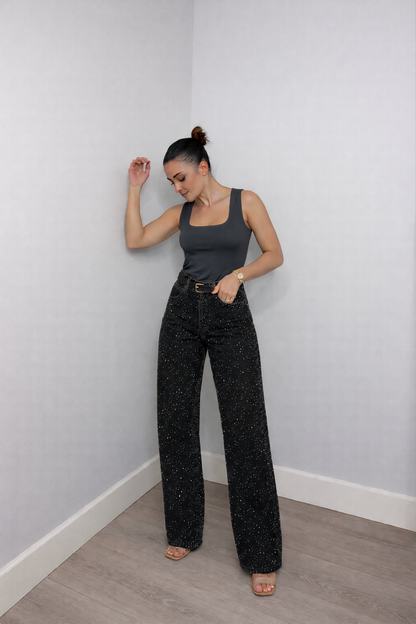 jeans donna vita alta con paillettes