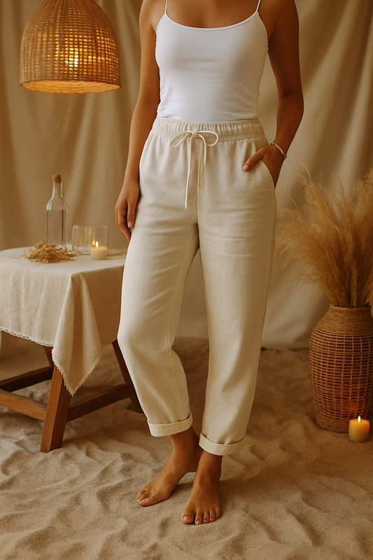 pantaloni donna cotone lino vita elasticizzata Erynelle