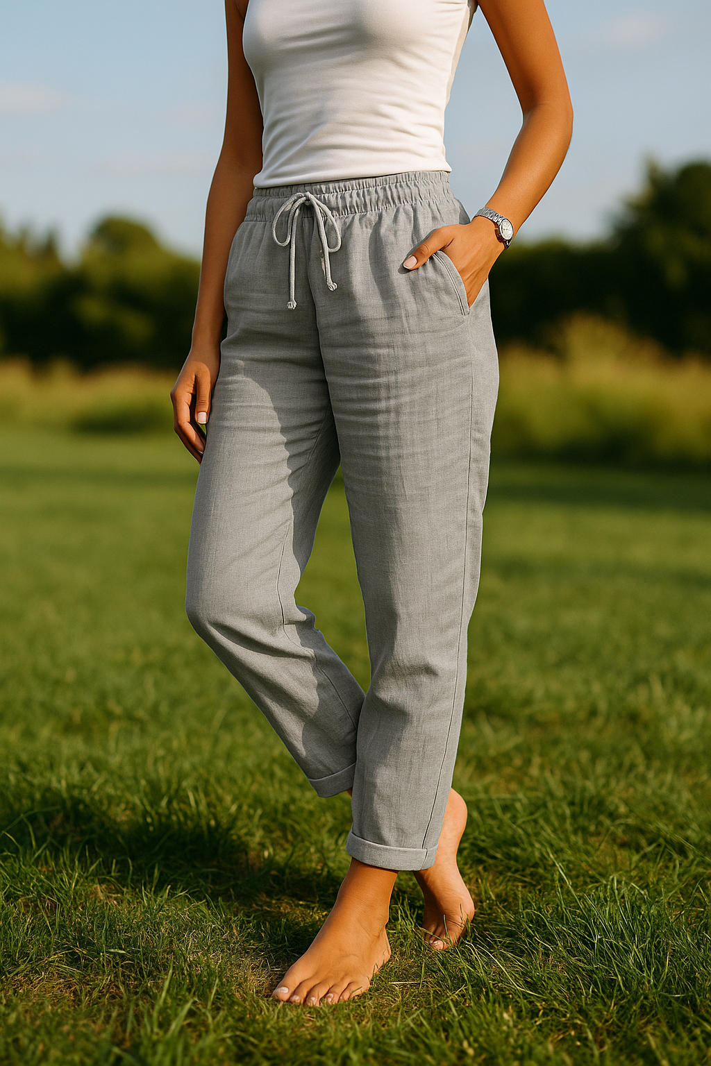 pantaloni donna cotone lino vita elasticizzata