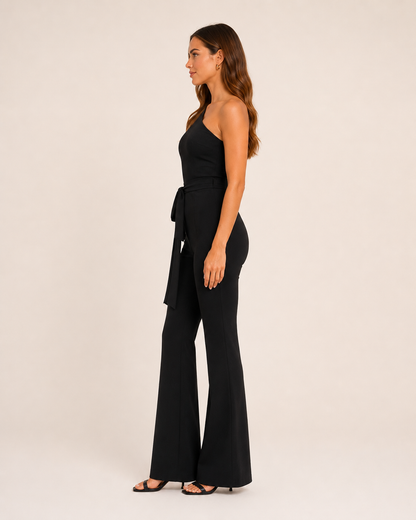Elegante tuta monospalla con cintura per donne – Tuta aderente con pantaloni a zampa per serate ed eventi