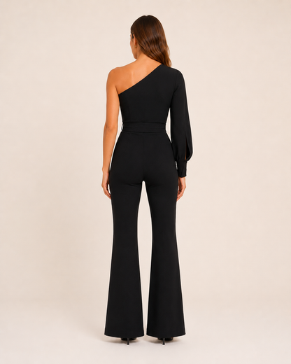 Elegante tuta monospalla con cintura per donne – Tuta aderente con pantaloni a zampa per serate ed eventi