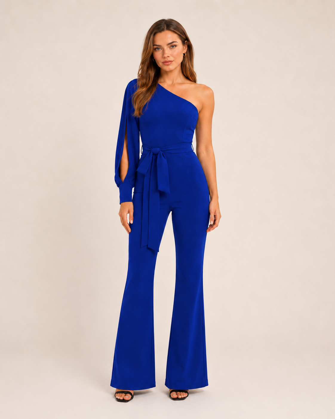 Elegante tuta monospalla con cintura per donne – Tuta aderente con pantaloni a zampa per serate ed eventi