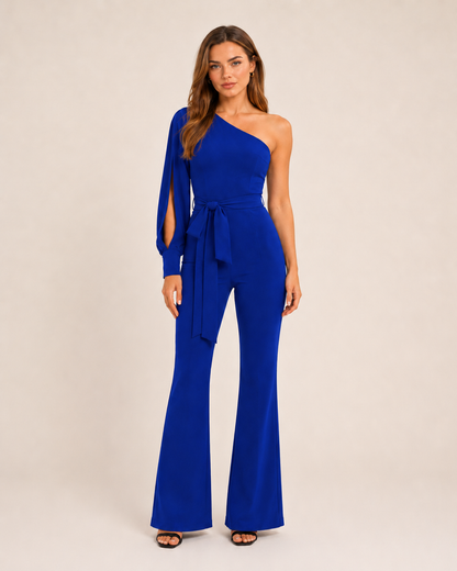 Elegante tuta monospalla con cintura per donne – Tuta aderente con pantaloni a zampa per serate ed eventi