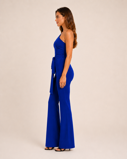 Elegante tuta monospalla con cintura per donne – Tuta aderente con pantaloni a zampa per serate ed eventi