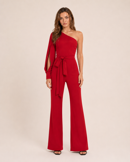 Elegante tuta monospalla con cintura per donne – Tuta aderente con pantaloni a zampa per serate ed eventi