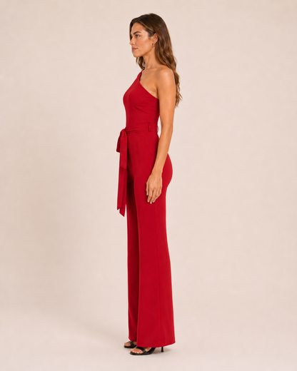 Elegante tuta monospalla con cintura per donne – Tuta aderente con pantaloni a zampa per serate ed eventi