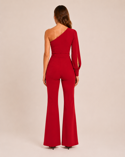 Elegante tuta monospalla con cintura per donne – Tuta aderente con pantaloni a zampa per serate ed eventi