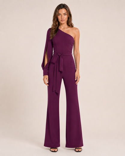 Elegante tuta monospalla con cintura per donne – Tuta aderente con pantaloni a zampa per serate ed eventi