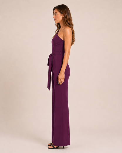 Elegante tuta monospalla con cintura per donne – Tuta aderente con pantaloni a zampa per serate ed eventi