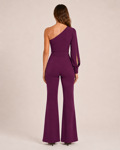 Elegante tuta monospalla con cintura per donne – Tuta aderente con pantaloni a zampa per serate ed eventi